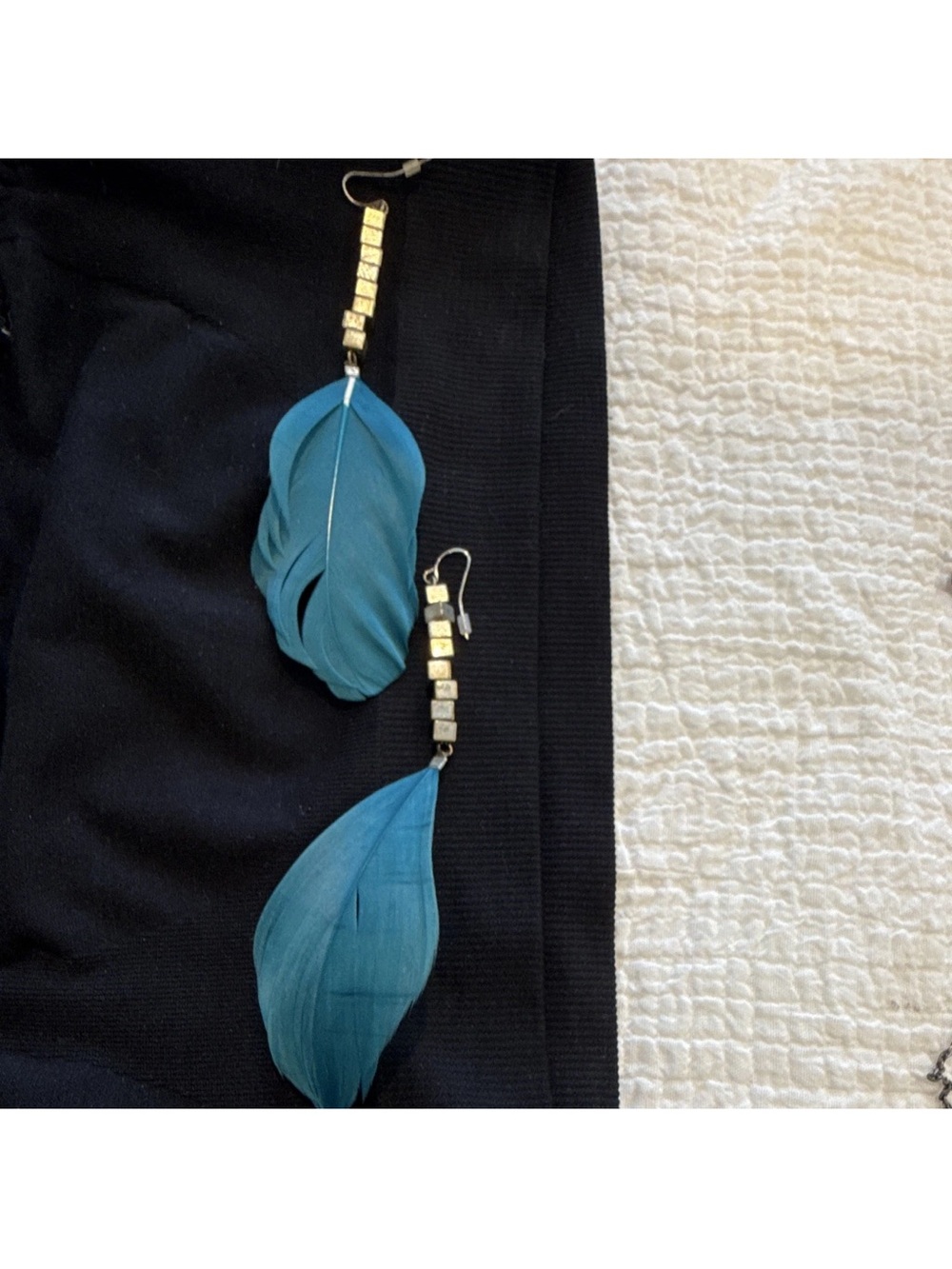 Teal Feather Drop Earrings with Gold Accents